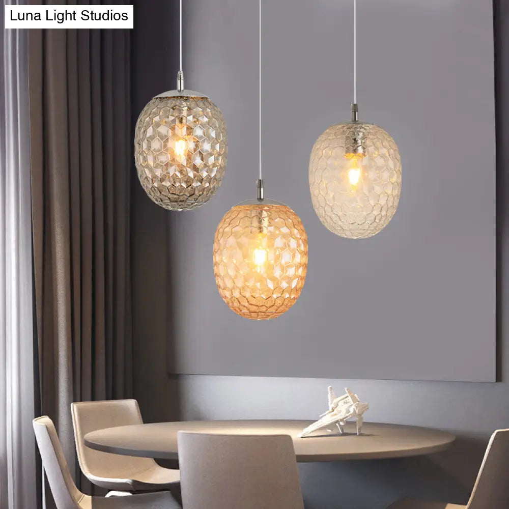 Modern Pineapple Shaped Pendant Light With Hammered Glass Dining Table Lighting Smoke Gray