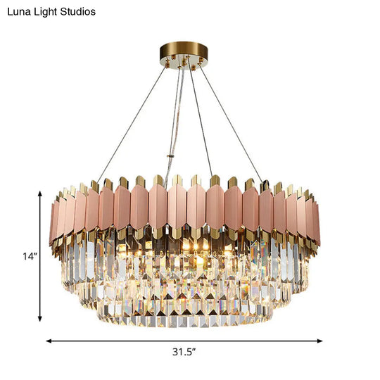 Modern Crystal Drop Pendant Ceiling Light Pink/Gold 8/12 Lights Layered Design