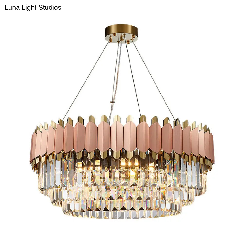 Modern Crystal Drop Pendant Ceiling Light Pink/Gold 8/12 Lights Layered Design