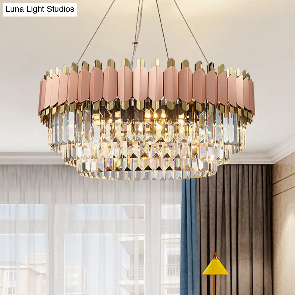 Modern Pink And Gold Crystal Drop Pendant Ceiling Light With 8/12 Lights