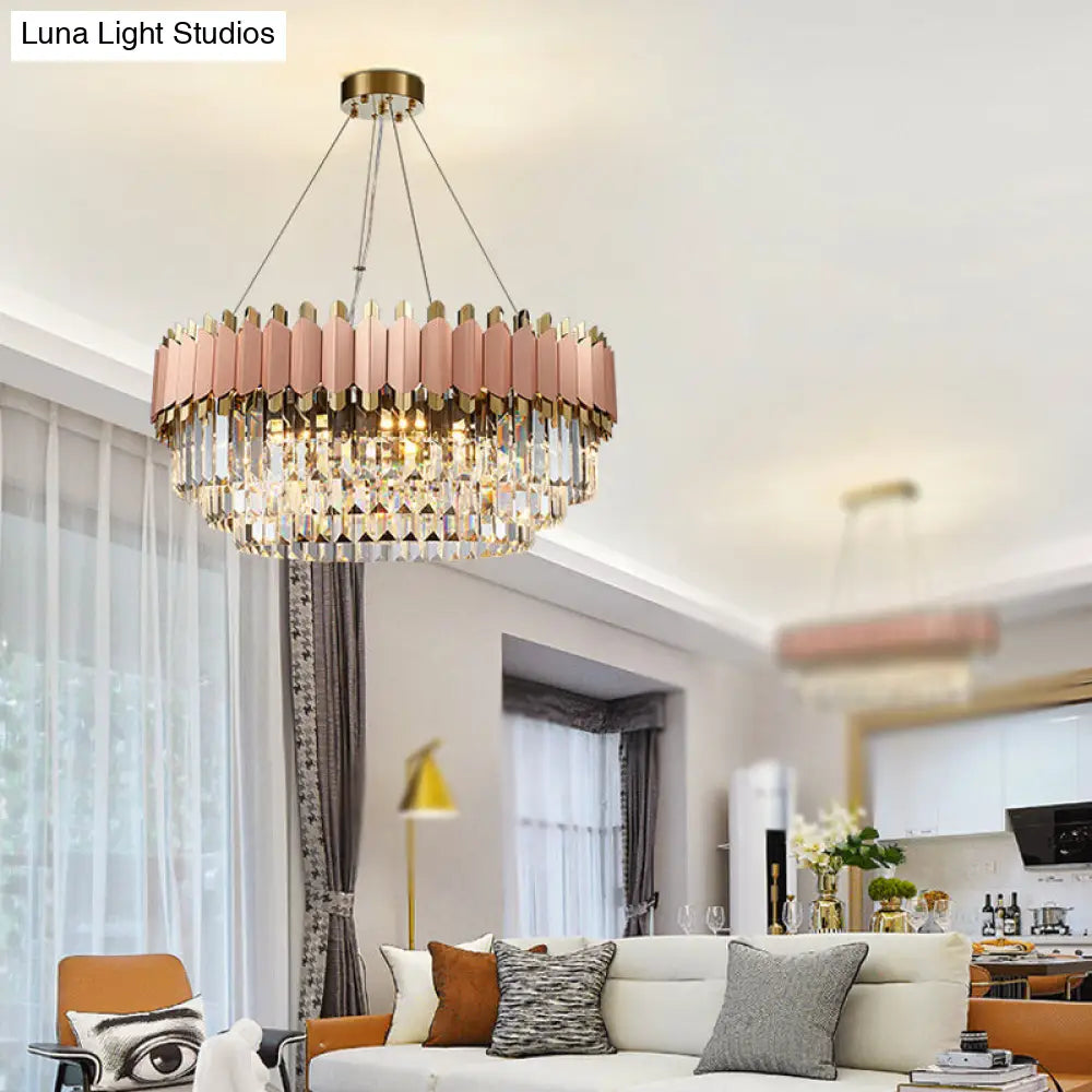 Modern Crystal Drop Pendant Ceiling Light Pink/Gold 8/12 Lights Layered Design