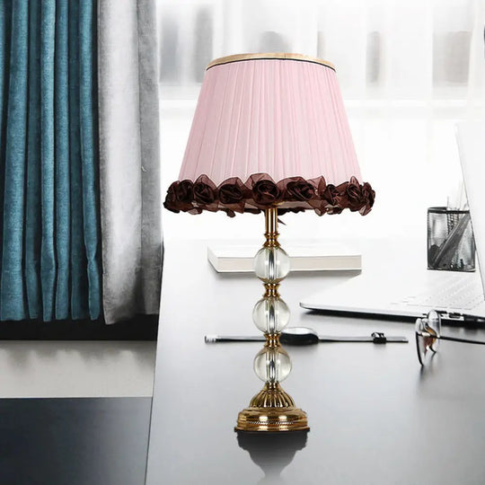 Modern Pink Bedside Table Lamp With Tapered Fabric Shade