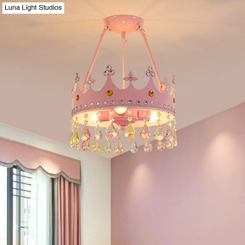 Modern Pink Crystal Semi Mount Ceiling Light Fixture With 3/5 Lights Crown Design For Bedroom -