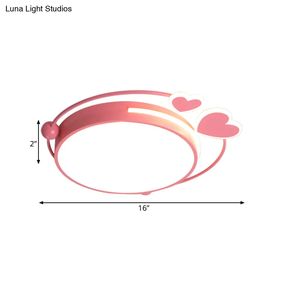 Modern Pink Drum Flush Mount Led Ceiling Lamp With Loving Heart Design In Warm/White Light