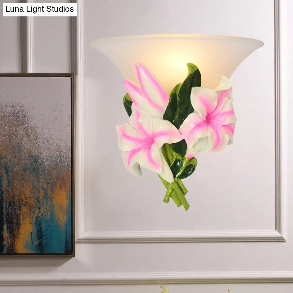 Modern Pink Floral Wall Sconce: Exquisite Resin Lamp With Flush Mount