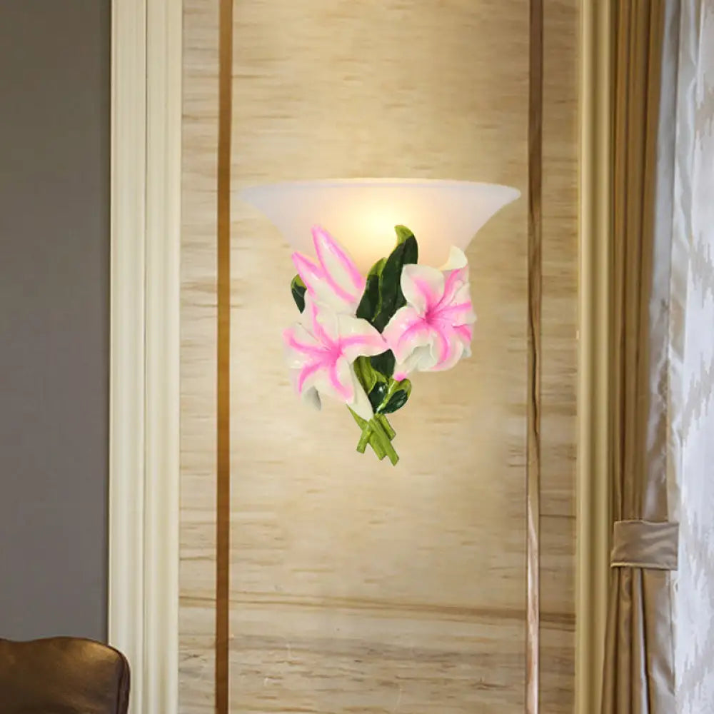 Modern Pink Floral Wall Sconce: Exquisite Resin Lamp With Flush Mount