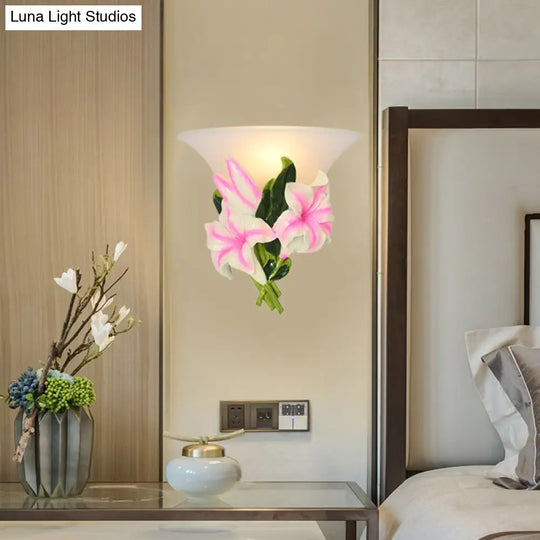 Modern Pink Floral Wall Sconce: Exquisite Resin Lamp With Flush Mount