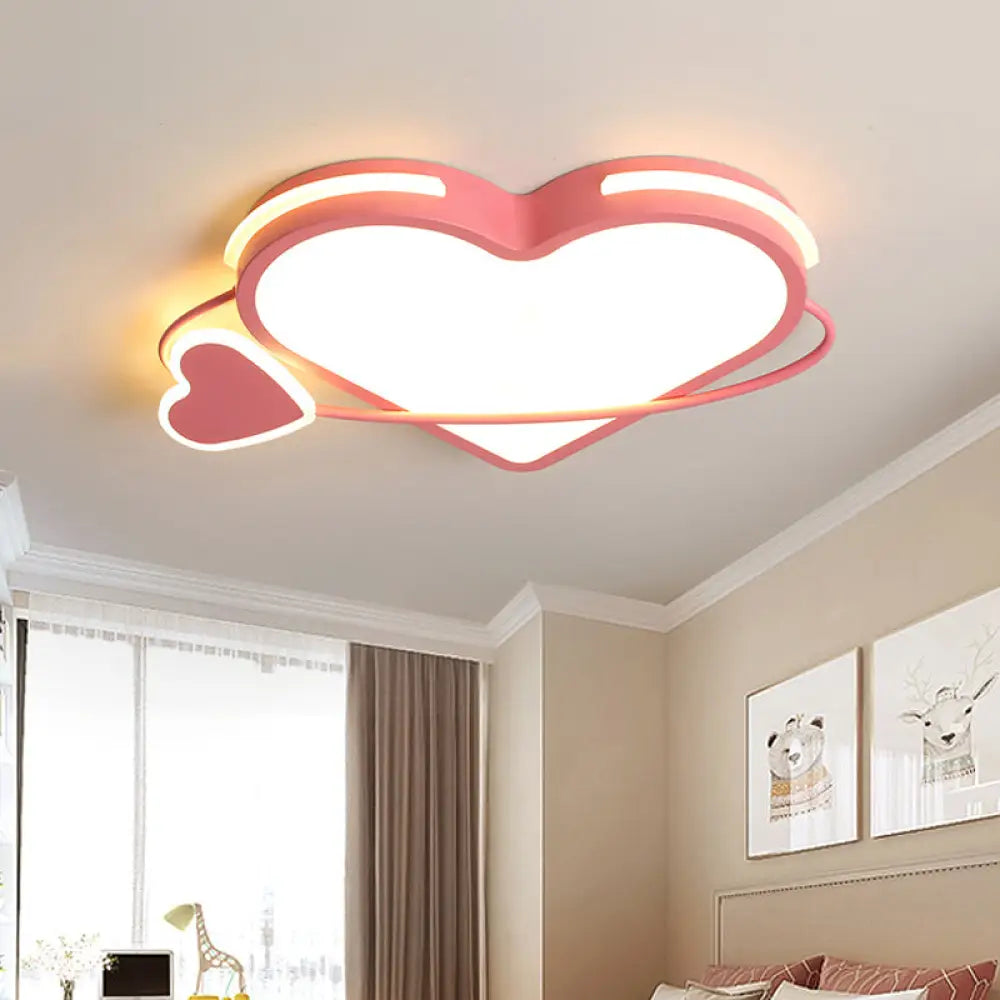 Modern Pink Flush Mount Ceiling Light With Dual Loving Heart Design - Bedroom Led Fixture