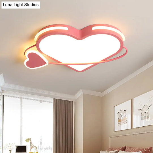 Modern Pink Flush Mount Ceiling Light With Dual Loving Heart Design - Bedroom Led Fixture