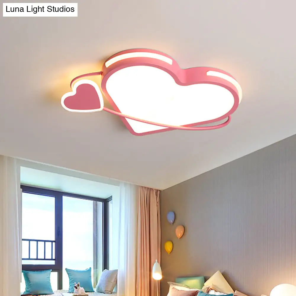Modern Pink Flush Mount Ceiling Light With Dual Loving Heart Design - Bedroom Led Fixture
