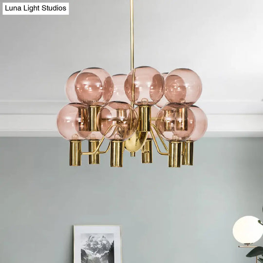 Modernist Pink Glass Ceiling Chandelier - 12 Heads Pendant Light For Dining Room