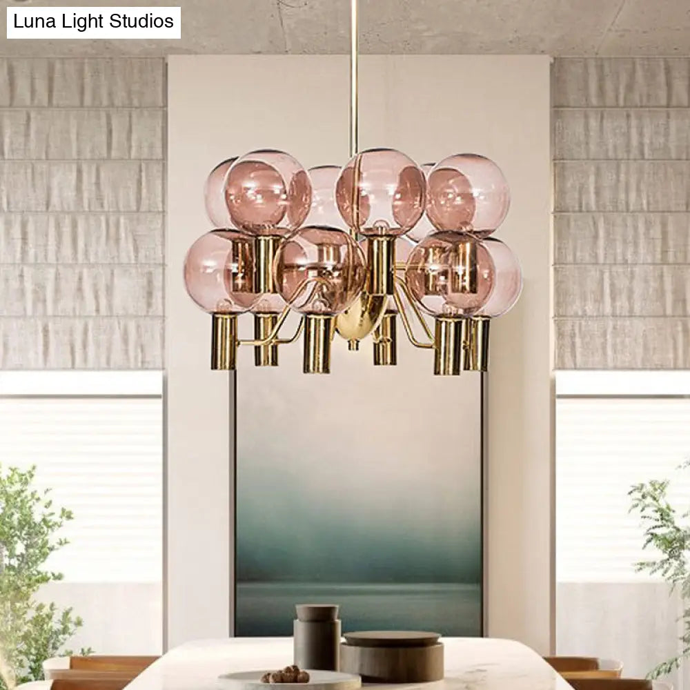 Modernist Pink Glass Ceiling Chandelier - 12 Heads Pendant Light For Dining Room