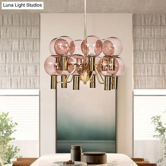 Modernist Pink Glass Ceiling Chandelier - 12 Heads Pendant Light For Dining Room