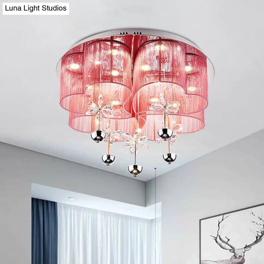 Modern Pink/Gold Clover Flush Ceiling Light With Crystal Flowers - Romantic Fabric Parlor Led