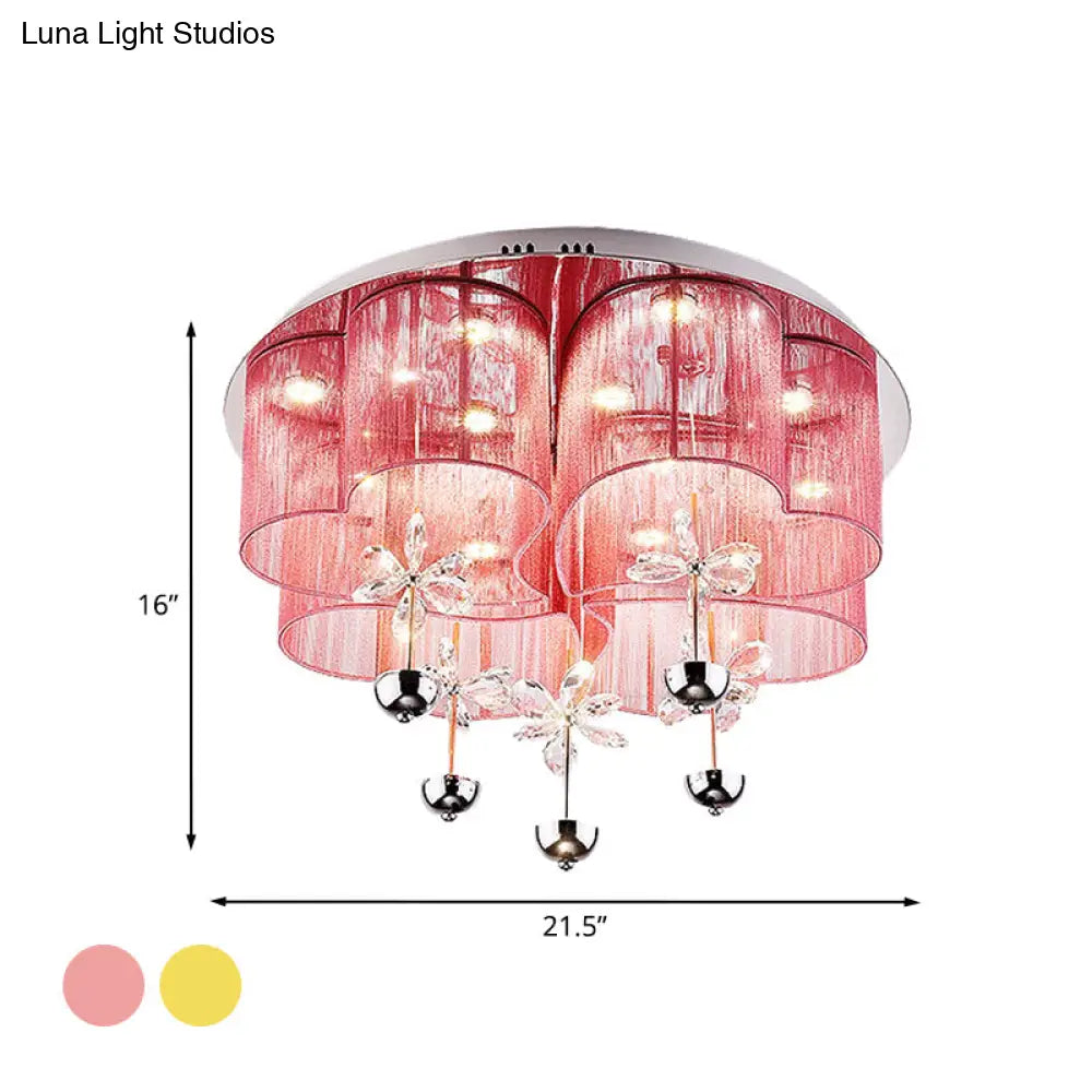 Modern Pink/Gold Clover Flush Ceiling Light With Crystal Flowers - Romantic Fabric Parlor Led
