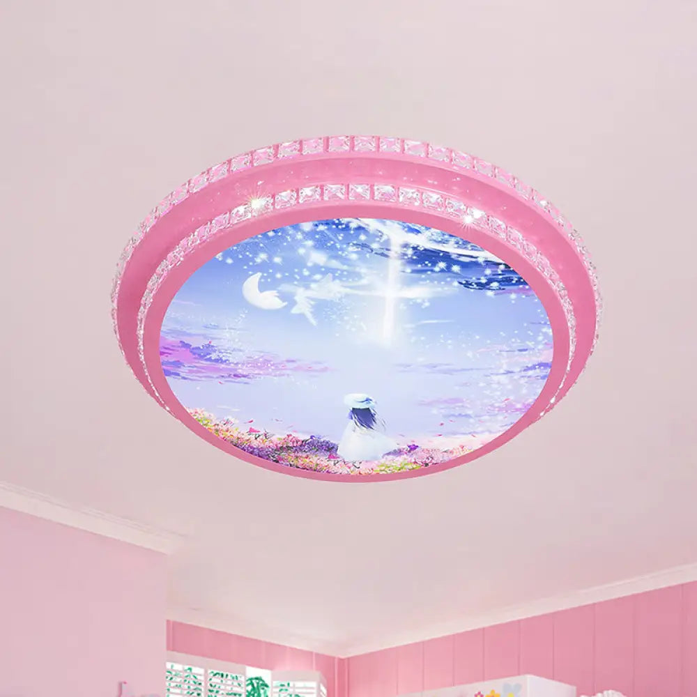 Modern Pink Led Ceiling Flush Light With Crystal Trim - Night Sky Pattern