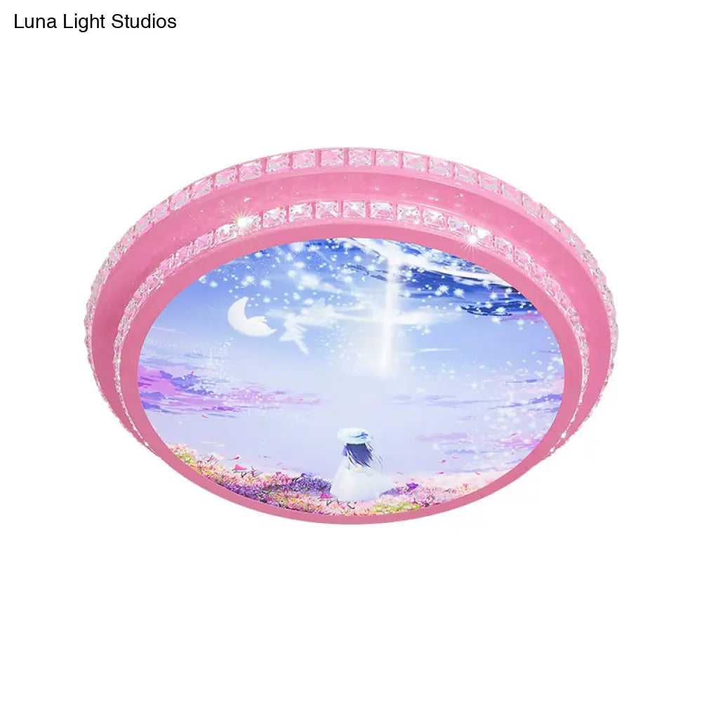 Modern Pink Led Ceiling Flush Light With Crystal Trim - Night Sky Pattern