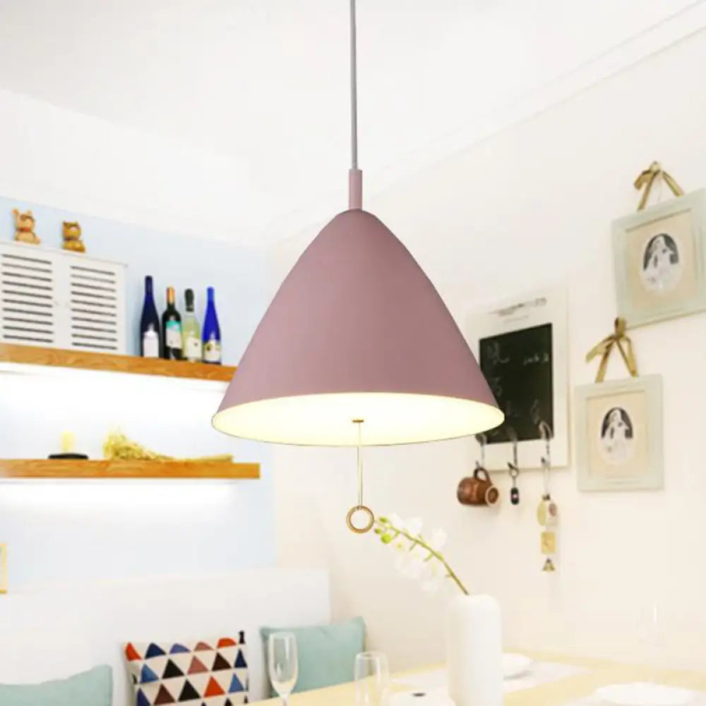 Modern Pink Metal Pendant Light With Conical Shade - Single Bulb Hanging Ceiling Fixture