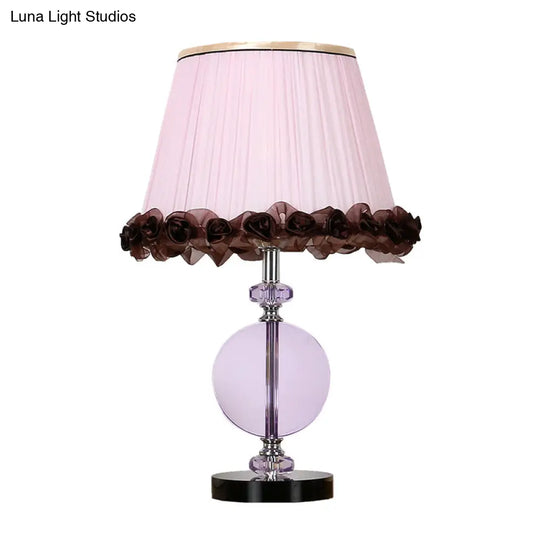 Modern Pink Nightstand Lamp With Crystal Accent And Pleated Shade