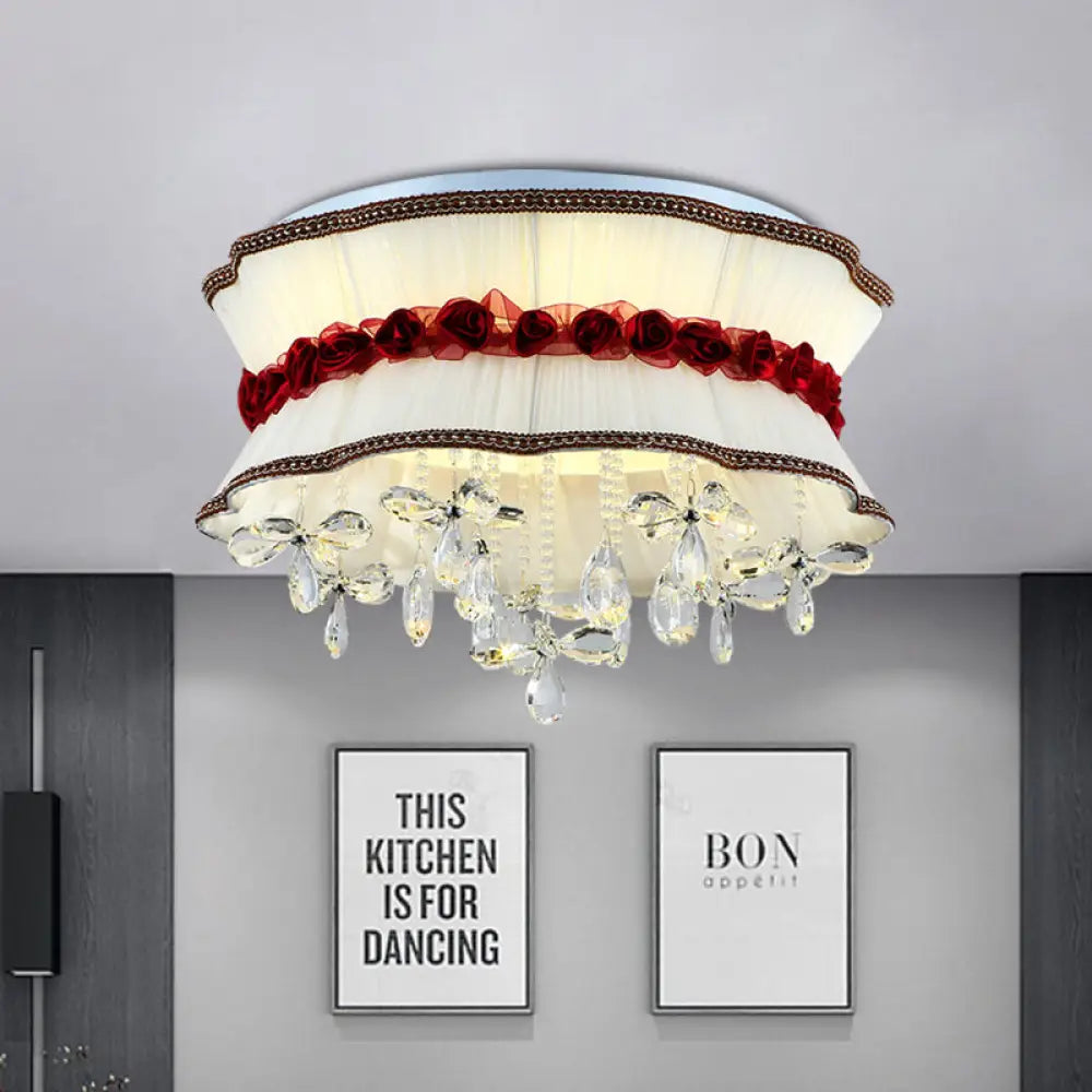 Modern Pleated Fabric Bouquet Flush Mount Led Ceiling Light In Beige With Red Rose Accent And