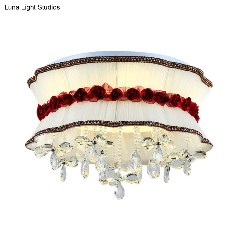 Modern Pleated Fabric Bouquet Flush Mount Led Ceiling Light In Beige With Red Rose Accent And
