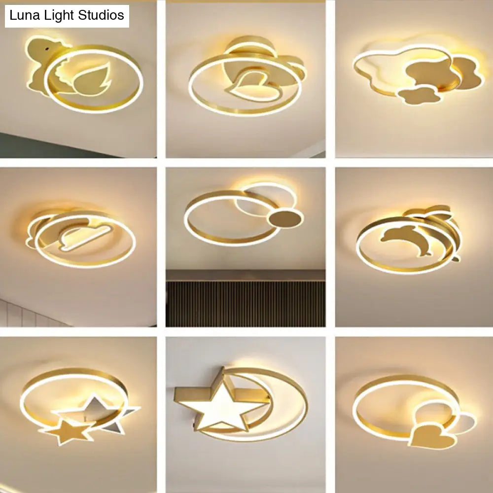 Modern Polished Gold Led Ceiling Lamp For Kids Bedroom - Cloud Circle And Windmill Shape