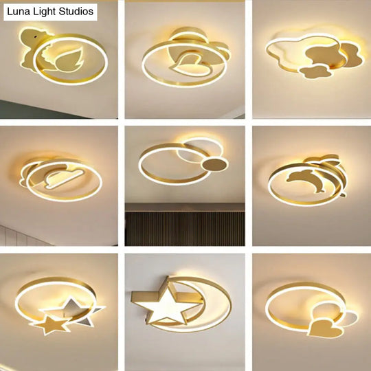 Modern Polished Gold Led Ceiling Lamp For Kids Bedroom - Cloud Circle And Windmill Shape