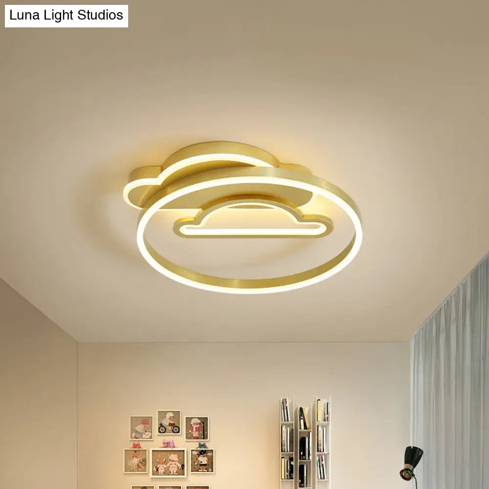 Modern Polished Gold Led Ceiling Lamp For Kids Bedroom - Cloud Circle And Windmill Shape