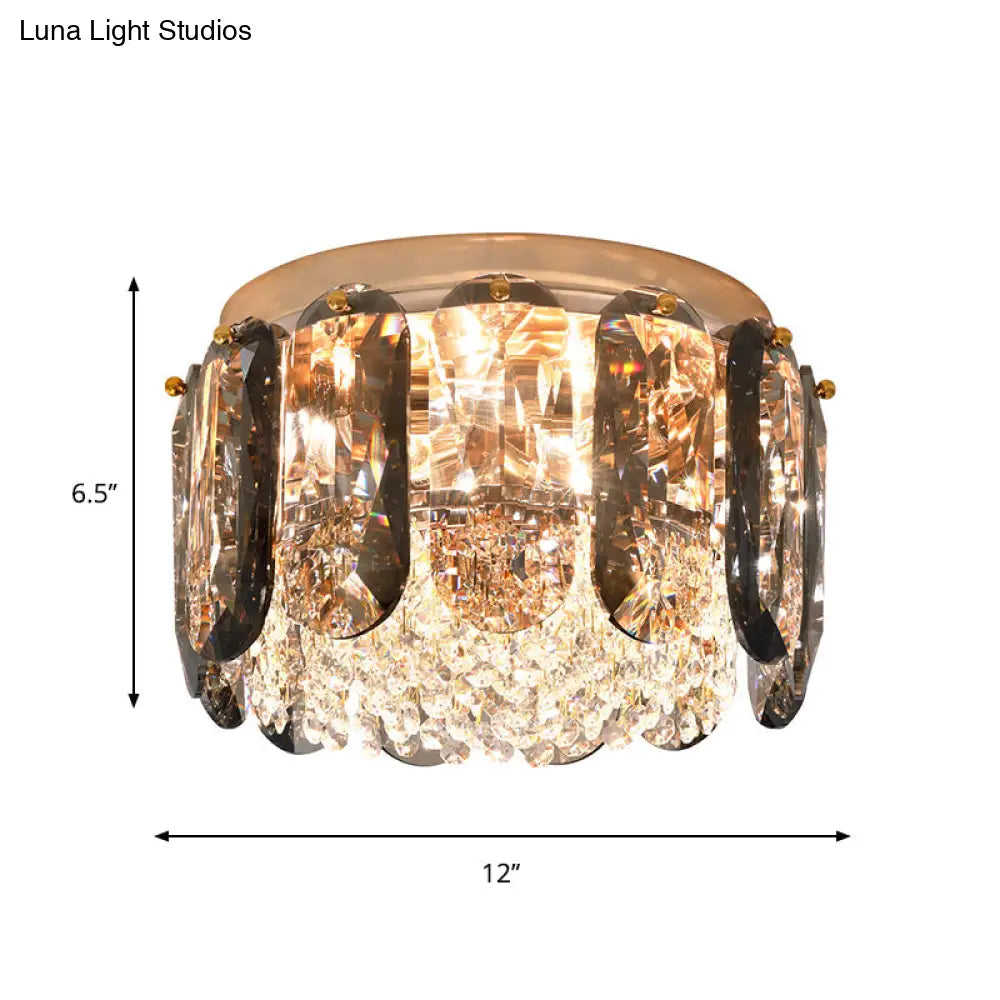 Modern Porch Ceiling Flush Light With Elliptical Clear Crystal Drum Design - 3 Bulbs Included