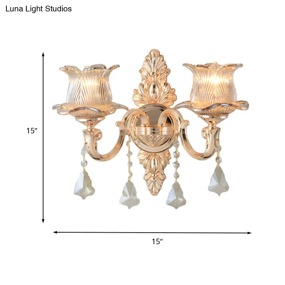 Modern Prism Glass Flower Wall Sconce Light - Brass With Crystal Accent