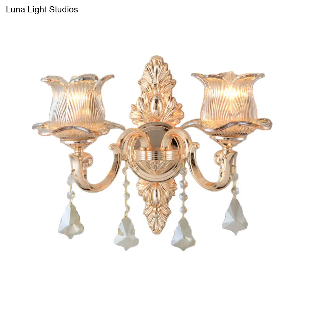 Modern Prism Glass Flower Wall Sconce Light - Brass With Crystal Accent