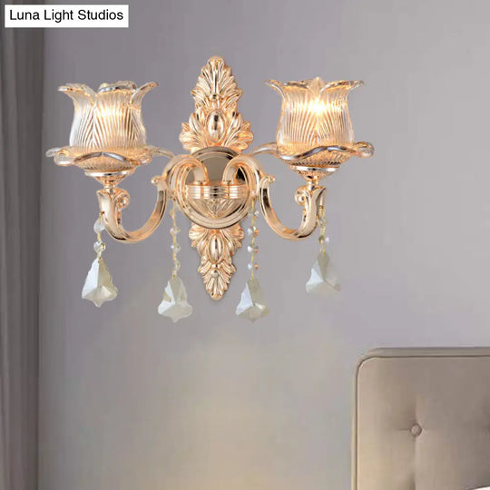 Modern Prism Glass Flower Wall Sconce Light - Brass With Crystal Accent