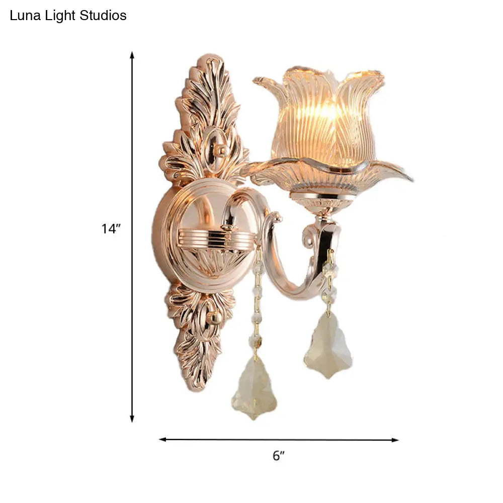 Modern Prism Glass Flower Wall Sconce Light - Brass With Crystal Accent