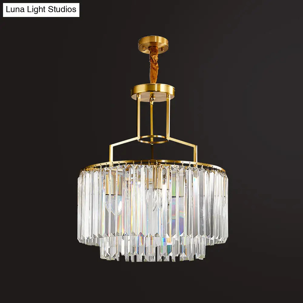 Modern Prismatic Crystal Brass Chandelier – 2-Layer Drum Design With 3 Bulbs Stylish Hanging