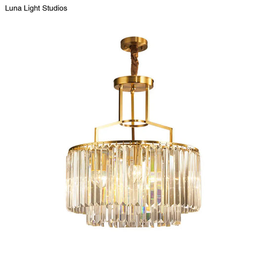 Modern Prismatic Crystal Brass Chandelier – 2-Layer Drum Design With 3 Bulbs Stylish Hanging