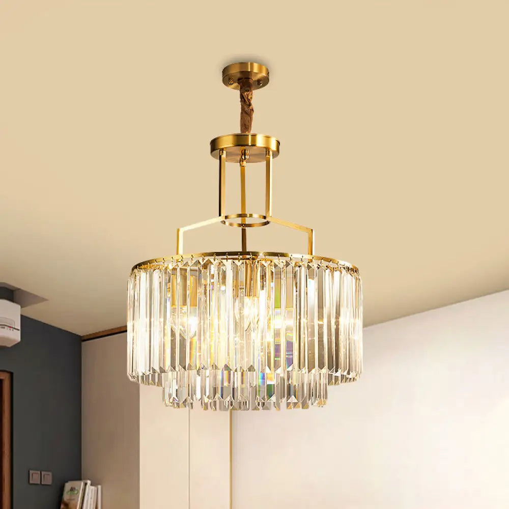 Modern Prismatic Crystal Brass Chandelier – 2-Layer Drum Design With 3 Bulbs Stylish Hanging