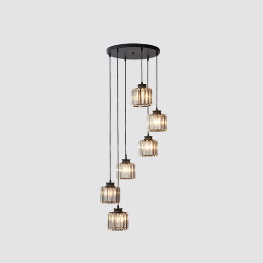 Modern Prismatic Crystal Cylindrical Pendant Ceiling Light For Stairway 6 / Black