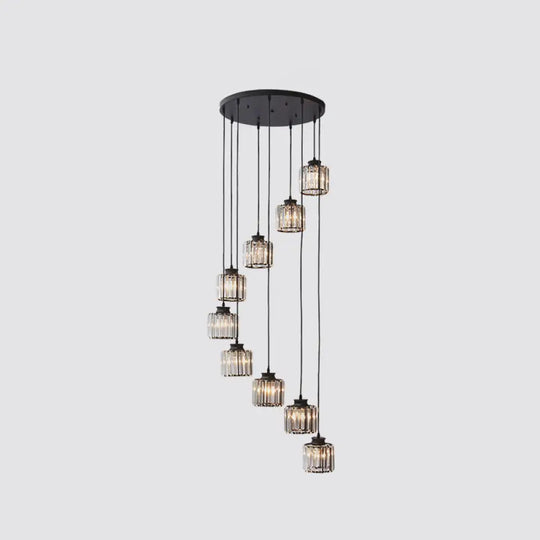 Modern Prismatic Crystal Cylindrical Pendant Ceiling Light For Stairway 9 / Black