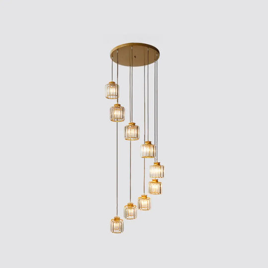 Modern Prismatic Crystal Cylindrical Pendant Ceiling Light For Stairway 9 / Gold