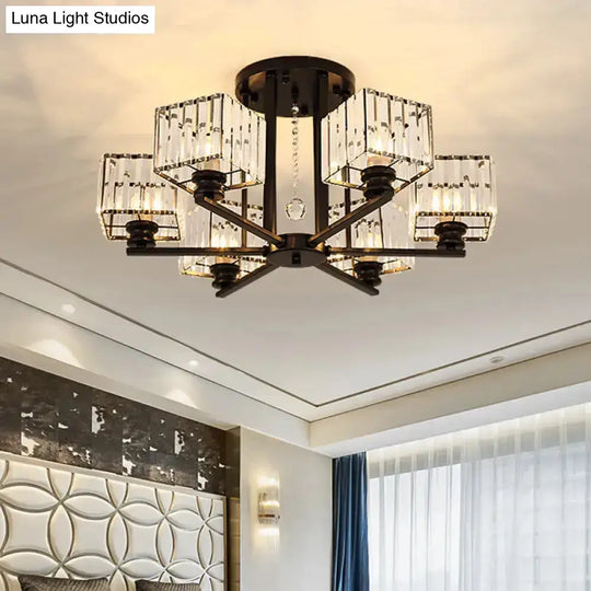 Modern Prismatic Crystal Flush Chandelier With Rectangle Design - 4/6/8 Lights In Black/Gold For