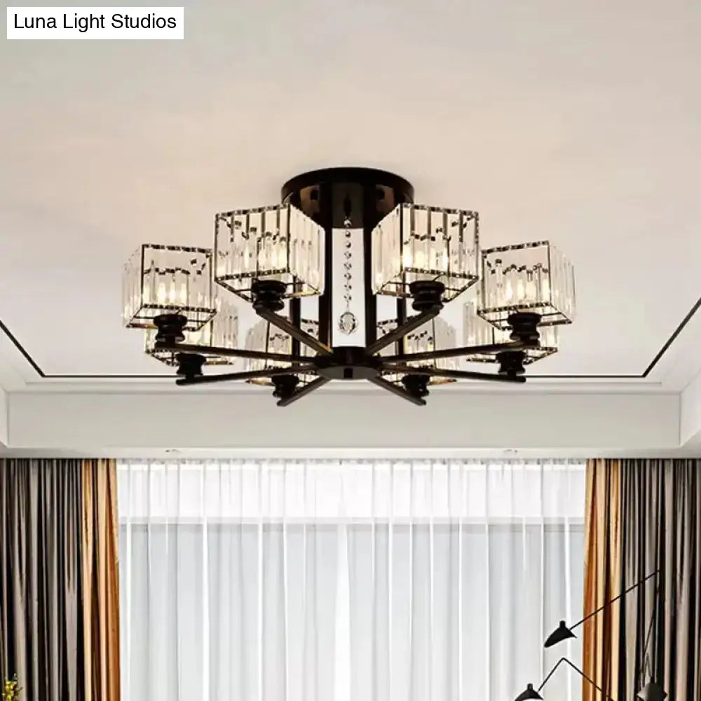 Modern Prismatic Crystal Flush Chandelier With Rectangle Design - 4/6/8 Lights In Black/Gold For