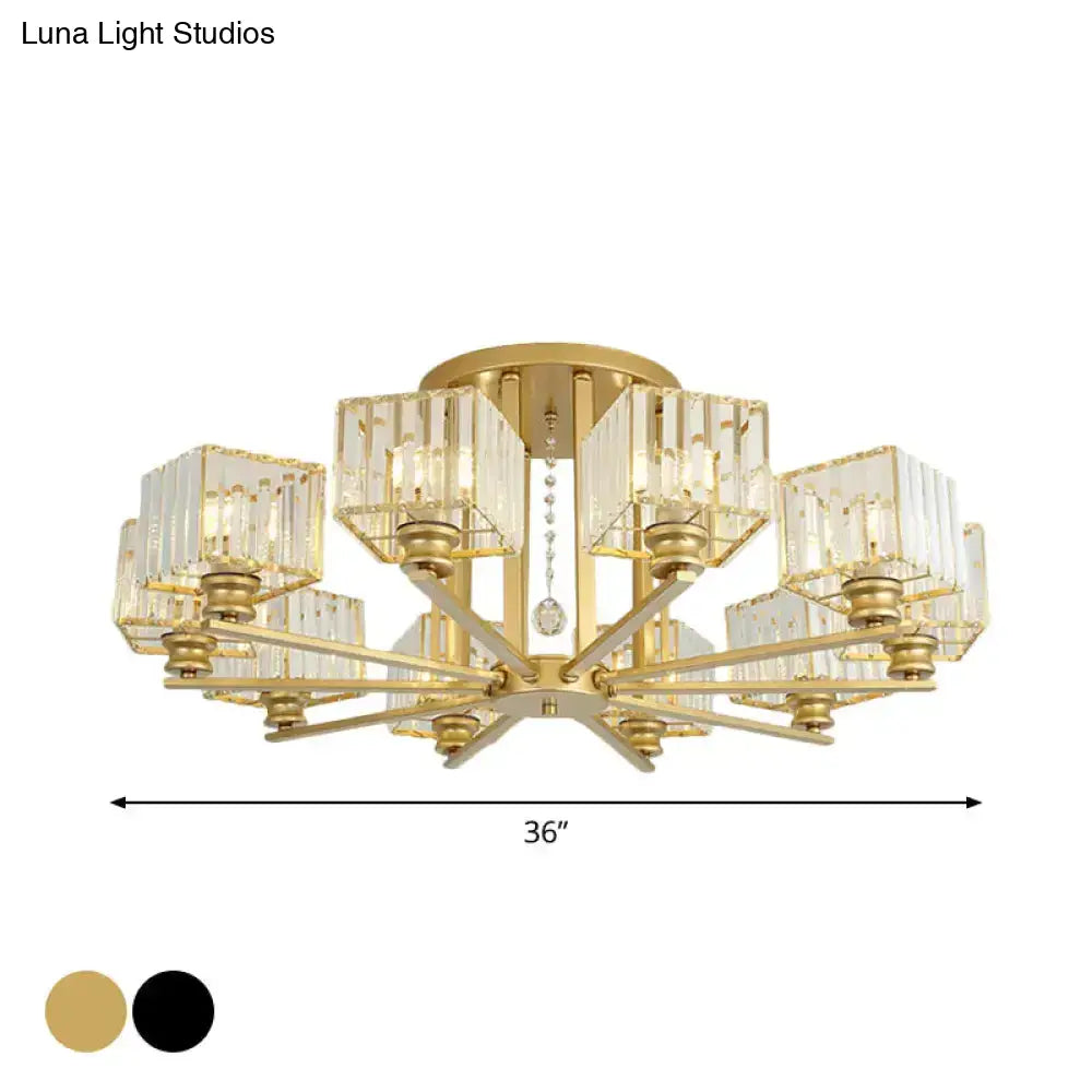 Modern Prismatic Crystal Flush Chandelier With Rectangle Design - 4/6/8 Lights In Black/Gold For