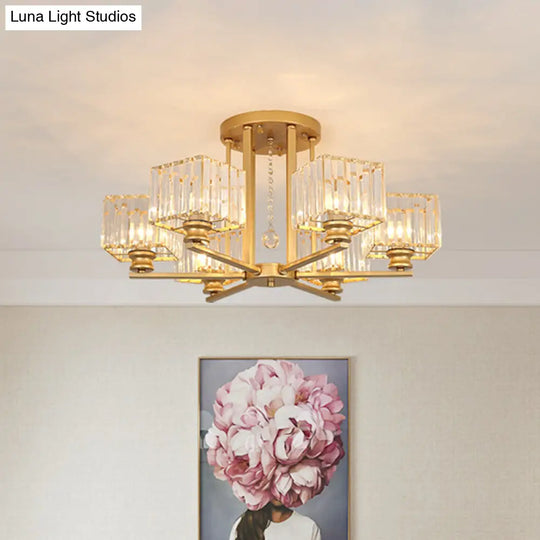 Modern Prismatic Crystal Flush Chandelier With Rectangle Design - 4/6/8 Lights In Black/Gold For