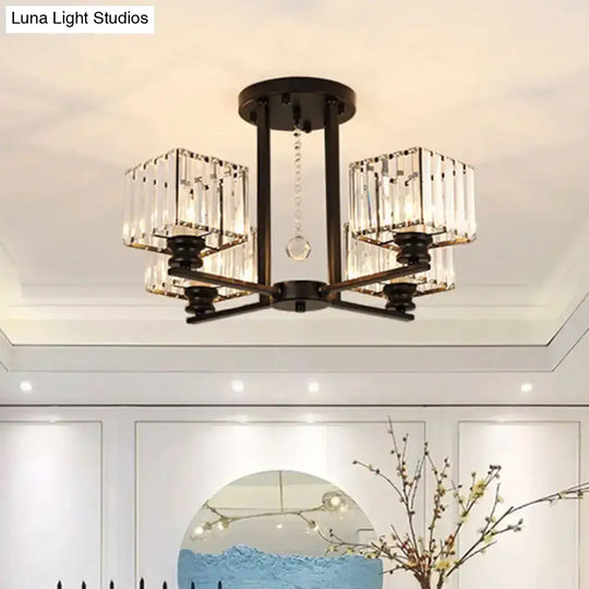 Modern Prismatic Crystal Flush Chandelier With Rectangle Design - 4/6/8 Lights In Black/Gold For