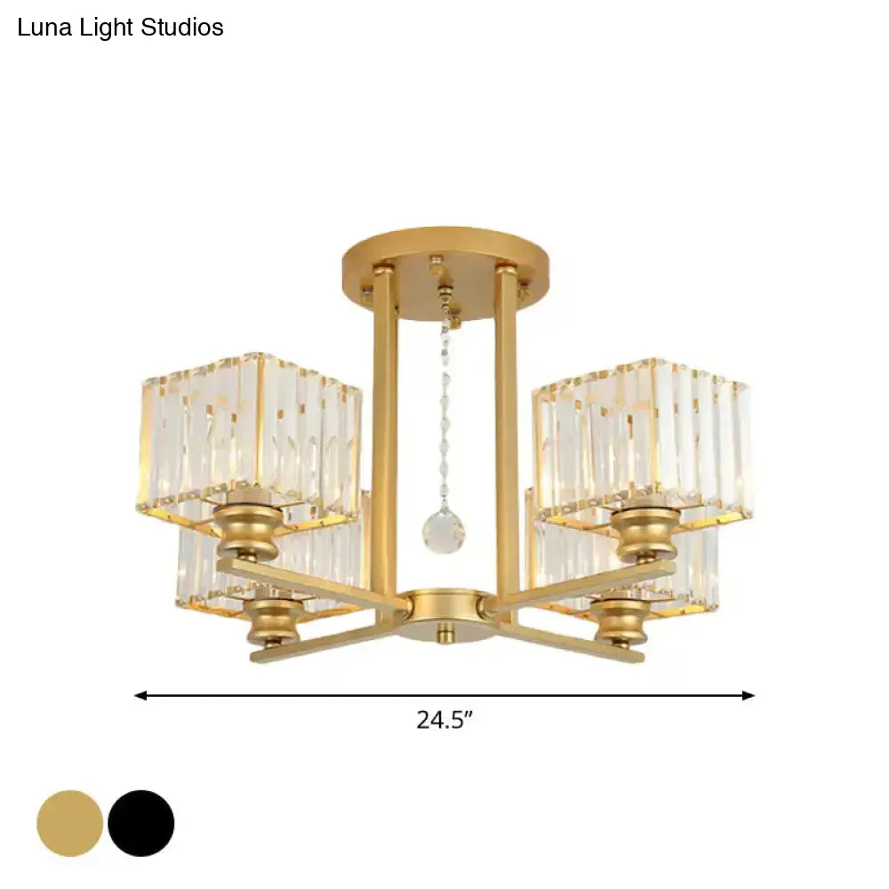 Modern Prismatic Crystal Flush Chandelier With Rectangle Design - 4/6/8 Lights In Black/Gold For