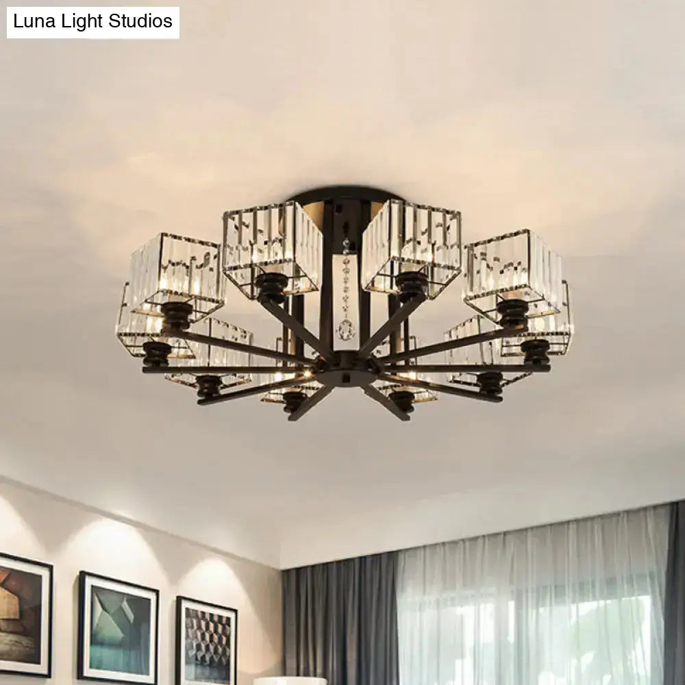 Modern Prismatic Crystal Flush Chandelier With Rectangle Design - 4/6/8 Lights In Black/Gold For