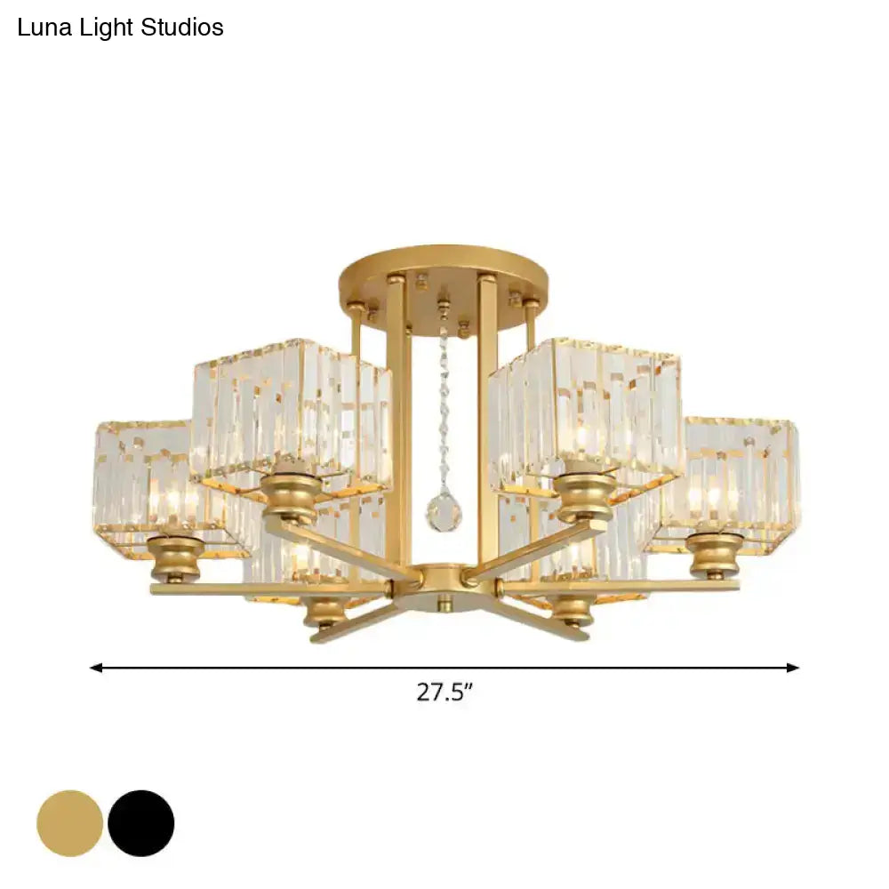 Modern Prismatic Crystal Flush Chandelier With Rectangle Design - 4/6/8 Lights In Black/Gold For