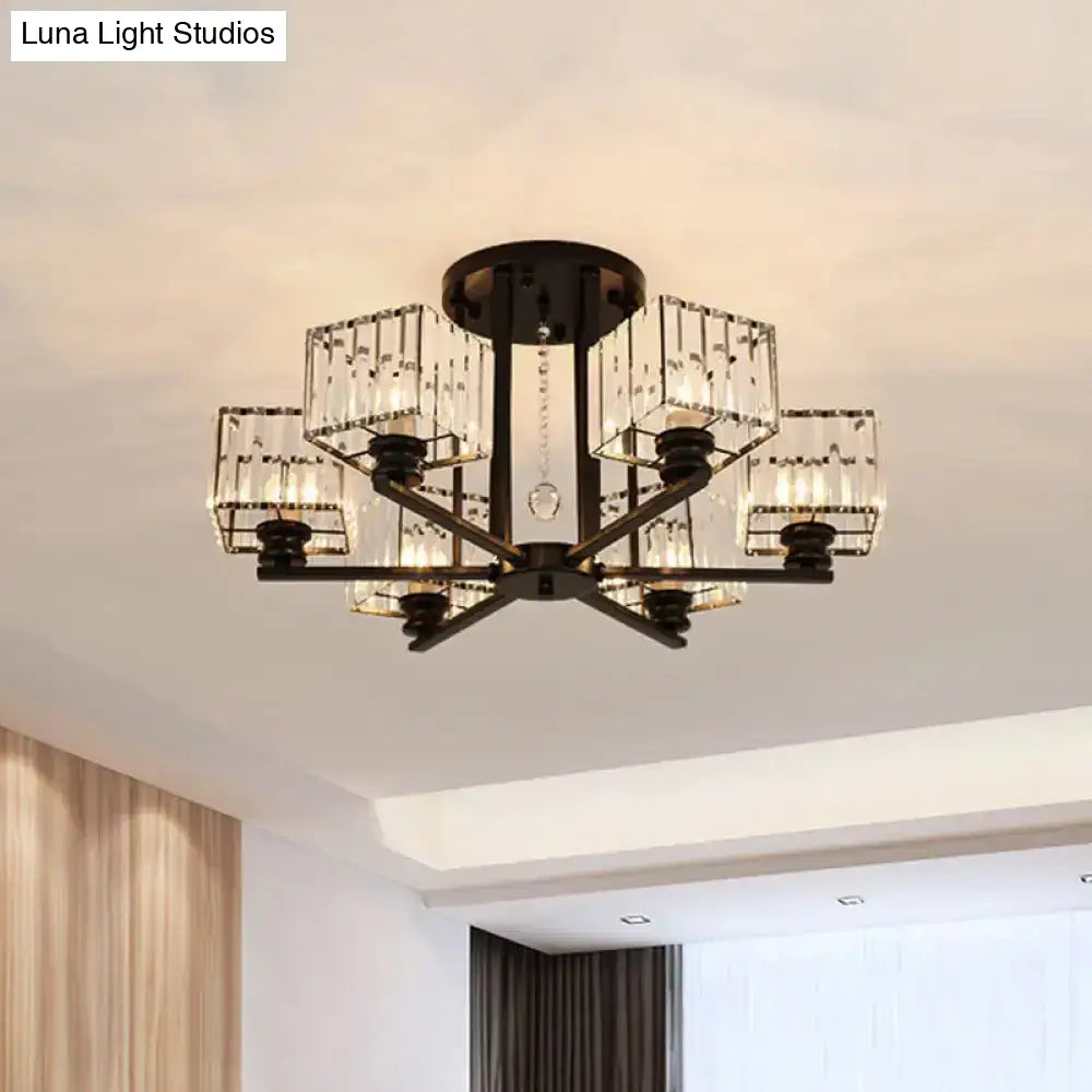 Modern Prismatic Crystal Flush Chandelier With Rectangle Design - 4/6/8 Lights In Black/Gold For