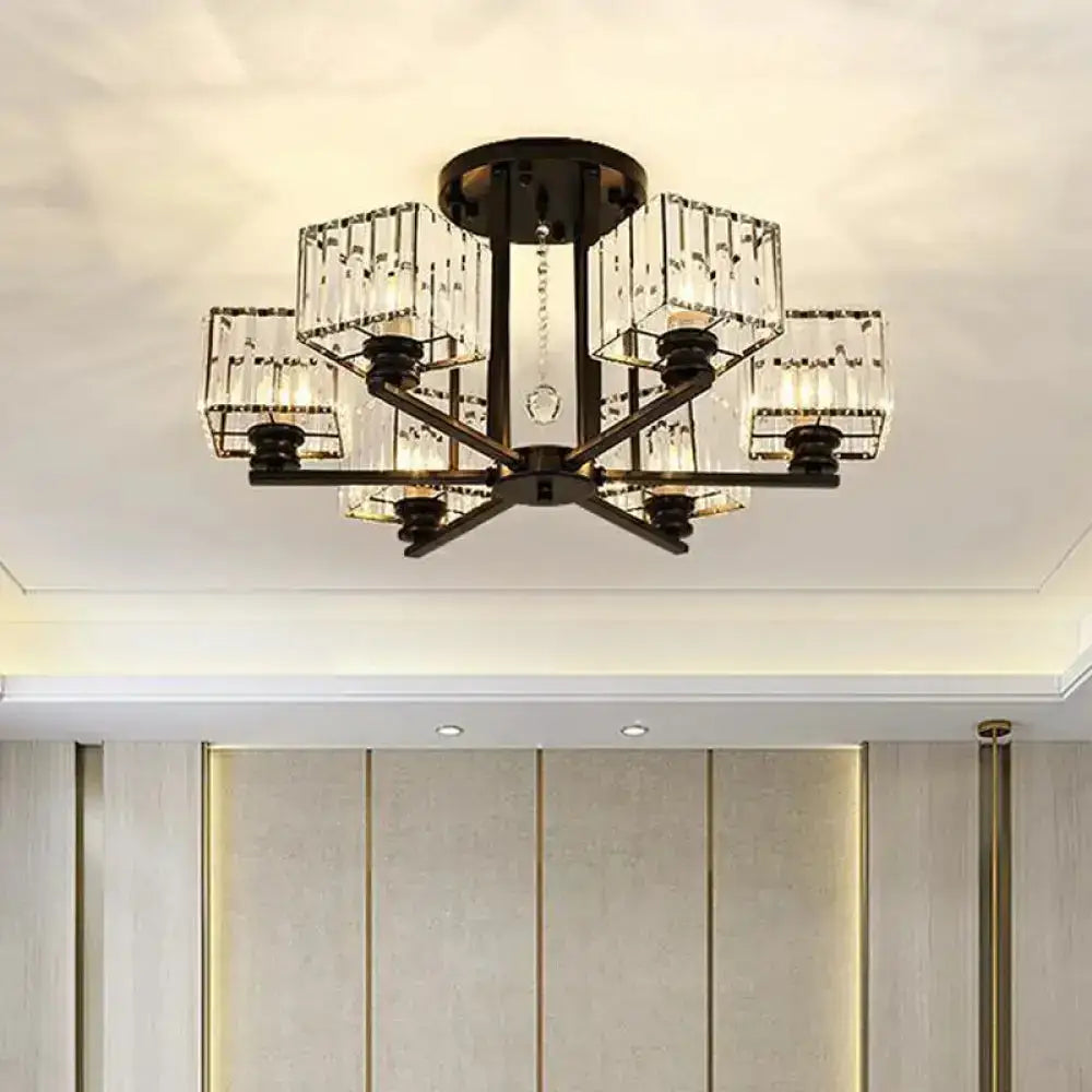 Modern Prismatic Crystal Flush Chandelier With Rectangle Design - 4/6/8 Lights In Black/Gold For