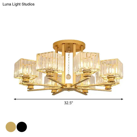 Modern Prismatic Crystal Flush Chandelier With Rectangle Design - 4/6/8 Lights In Black/Gold For